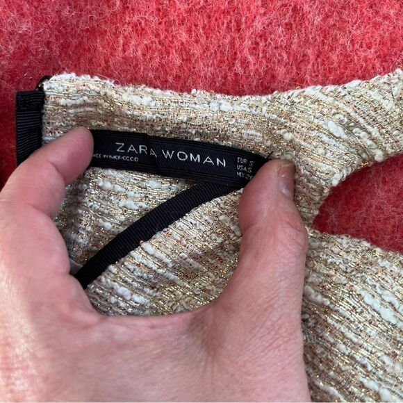 Zara Cream‎ Gold Metallic Thread Fit & Flair Sleeveless Dress - Picture 5 of 8